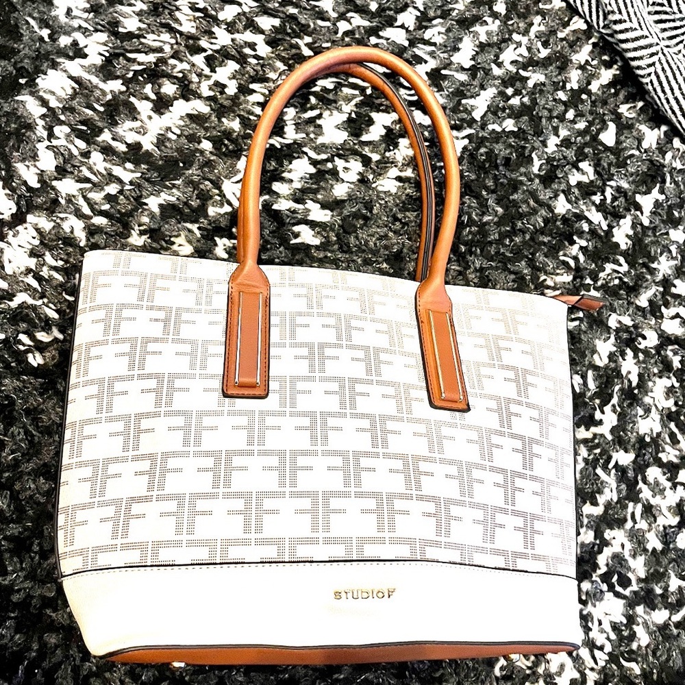 Studio F Cream Monogram Tote with Tan Handles and Trim